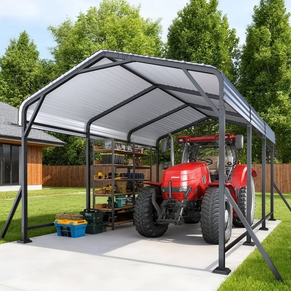10X15 ft Heavy Duty Carport With Extra Support Pole, Metal Carport With UV Protection, Waterproof Performance, Wind Resistance, Car Canopy Outdoor For Cars, Boats, Pickup Truck, Tractor