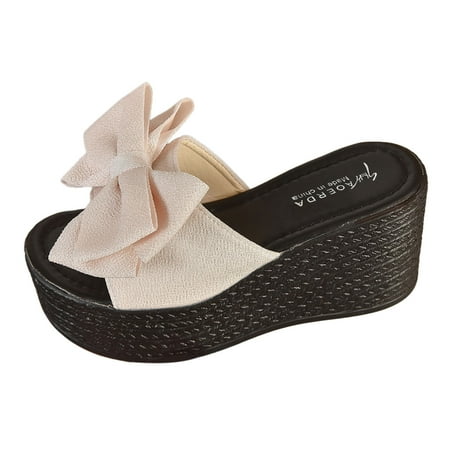 

Women S Sandals Summer Solid Colour Big Bow Fish Mouth Woven Thick Bottom Slope Heel One Size Slippers
