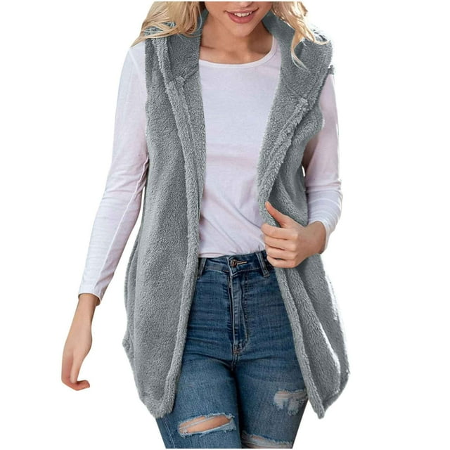 Gpaecead Veste en Molleton Douillet pour Femmes, Hauts Décontractés Unis Sans Manches avec Capuche, Veste en Molleton avec Poche