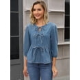 thumbnail image 7 of DARING DIVA Women's Denim Tie Front Puff Sleeve Ruffle Hem Peplum Blouses S Blue, 7 of 7