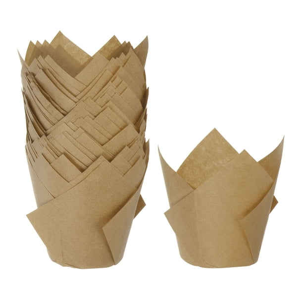 50Pcs Forros para Cupcakes de Tulipán, Papel Estándar para Hornear, Envoltorios Antiadherentes Desechables para Cumpleaños, Banquetes y Fiestas, Natural