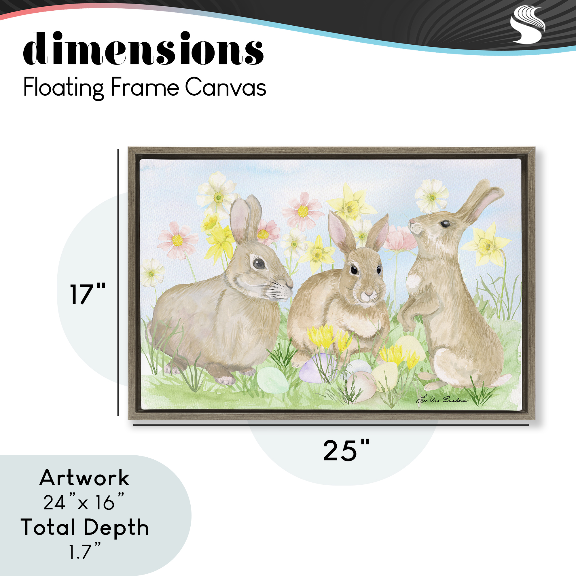 Three Bunnies In The Grass Brown Framed Floater Canvas Wall Art, design by Lee Ann Sanders