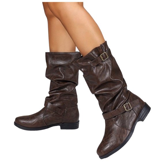 Dakaela Women's Mid Calf Boots Comfort Buckle Slouchy Booties Round Toe Chunky Heel Winter Tall Boot