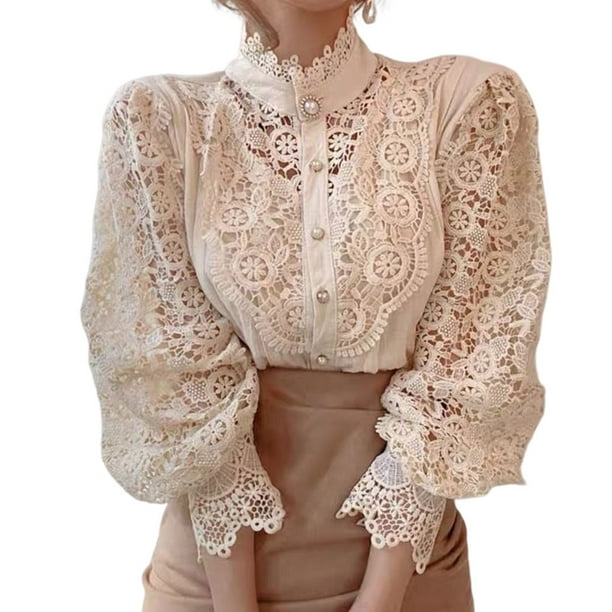 Blusa de algodón y poliéster Minnieouse para mujer con encaje y agujeros decorativos L