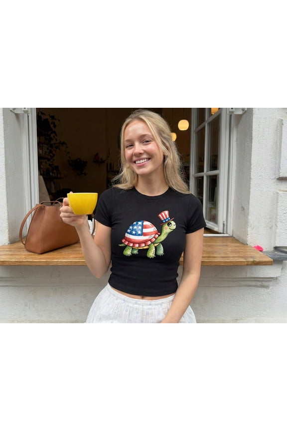4th of July Micro Rib Baby Tee Patriotic Turtle Women Vneck Shirt USA Flag Turtle Unisex T