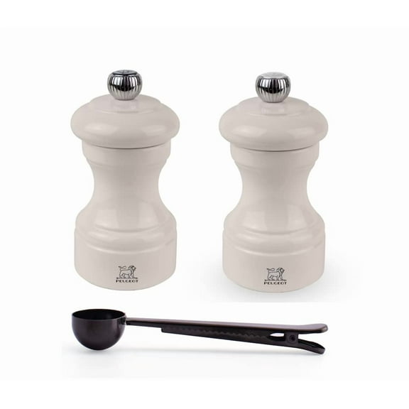 Peugeot Bistro Manual Salt & Pepper Mill Gift Set, Gloss Painted Wood, 10 cm - 4″- With Stainless Steel Spice Scoop/Bag Clip (Ivory Lacquer)