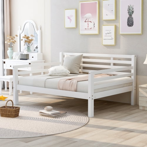 Full Size Daybed with Clean Lines, Wooden Sofa Bed Frame with Armrest ...