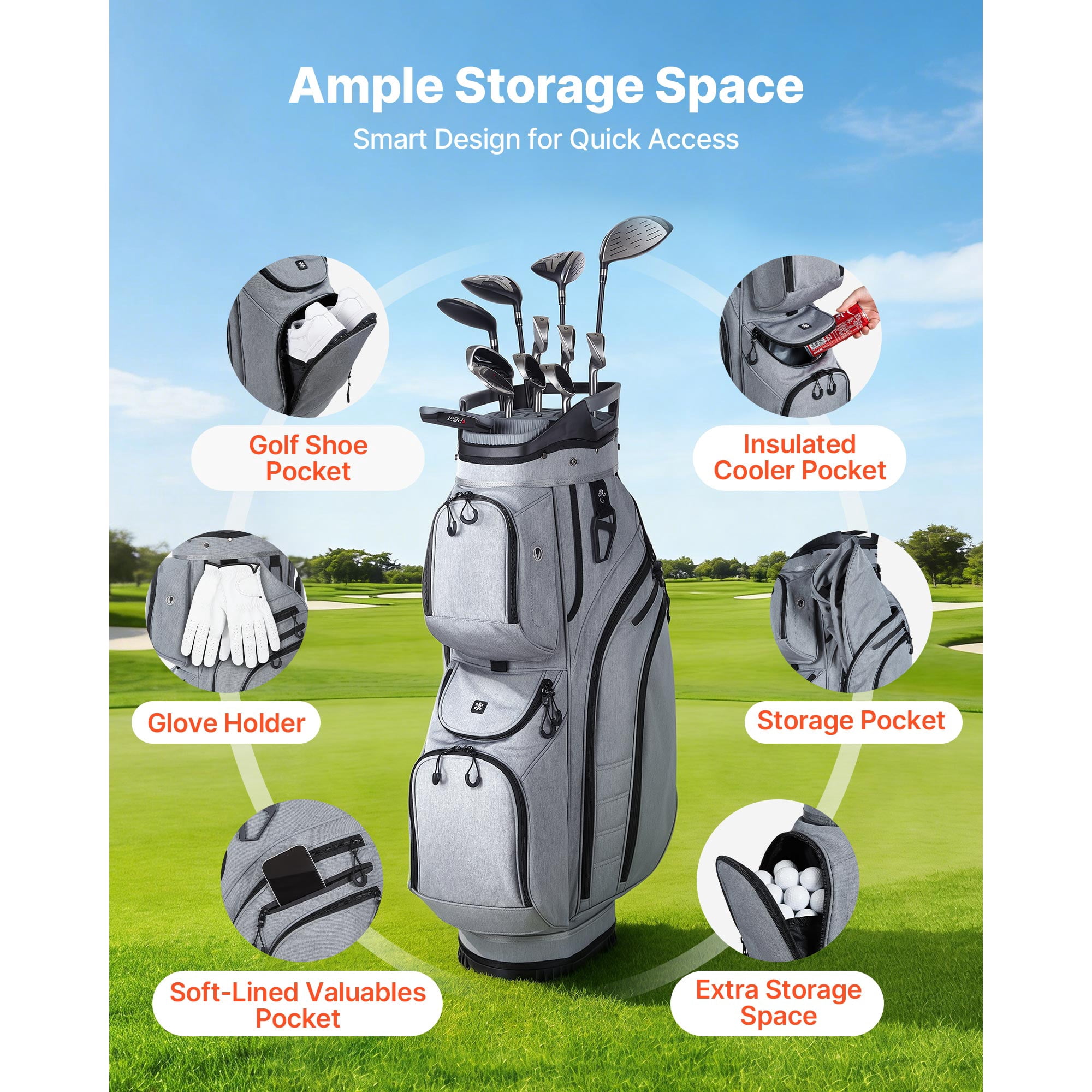 KFFKFF Golf Cart Bag with 15-Way Divider, Full-Length Club Protection, Rain Cover, Multiple Storage Pockets, Durable Polyester Material, Silicone Head Covers, and Comfortable Shoulder Strap