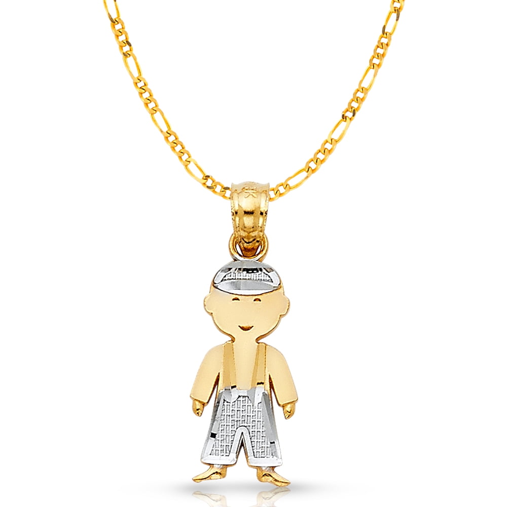 14K Two Tone Gold Toddler Girl Charm Pendant with 2mm Figaro 3+1 Chain Necklace