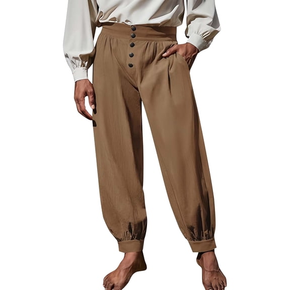 Avirosel Men's Medieval Pirate Pants Loose Renaissance Viking Halloween Gothic Costume Trousers Khaki