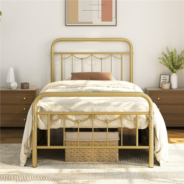 Yaheetech Metal Platform Bed Frame with Vintage Headboard and Footboard, Twin, Antique Gold