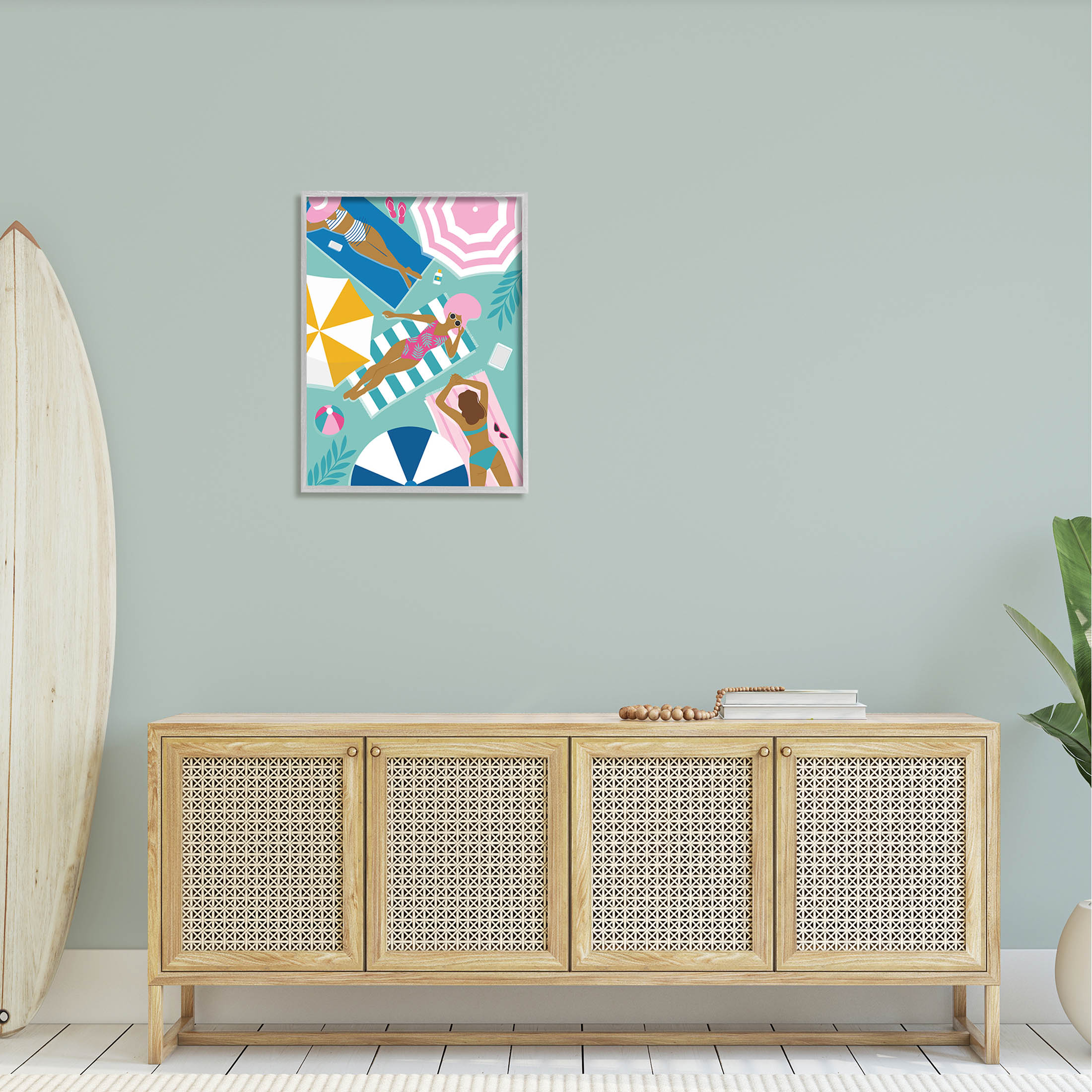 Modern Summer Sunbathing Girls Coastal Graphic Art Gray Framed Art Print Wall Art