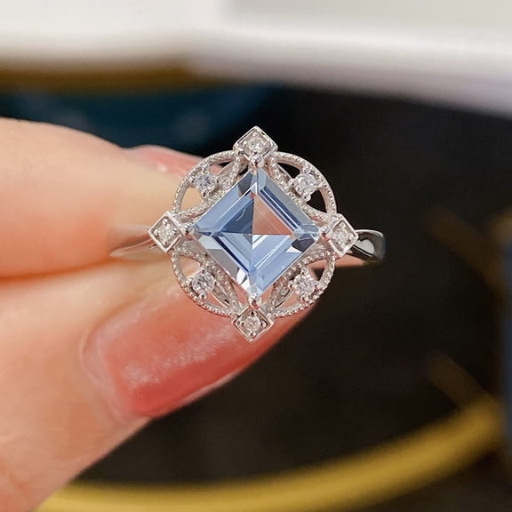 YYKihy Princess Cut Aquamarine Engagement Ring Wedding Band Vintage Birthstone Bridal Solitaire Ring For Women