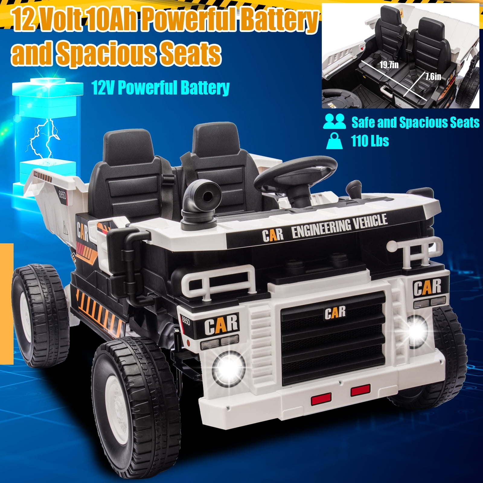 FINITO 12V 10Ah Ride on Toy for Toddlers, Powerful 4 Wheels Electric Dump Truck, 2 Seater Kids Ride on Car w/Parent Remote Control, White