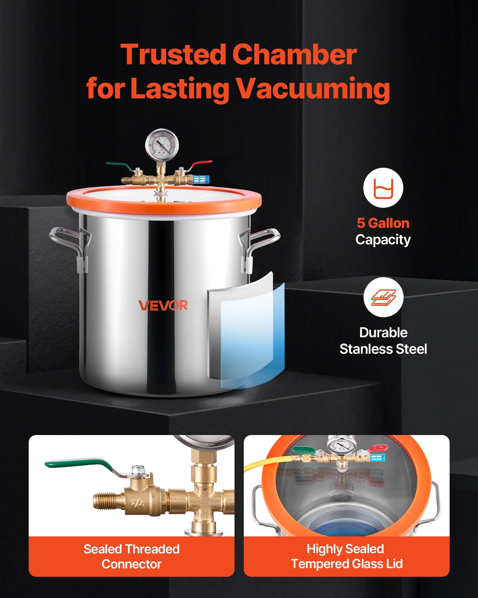 VEVOR 5 Gallon Vacuum Chamber with Pump, 3.5 CFM, Single Stage Vacuum Pump, Stainless Steel Degassing Chamber Kit with Tempered Glass Lid, 5 ft Hose, for Stabilizing Wood Degassing Silicone Resin