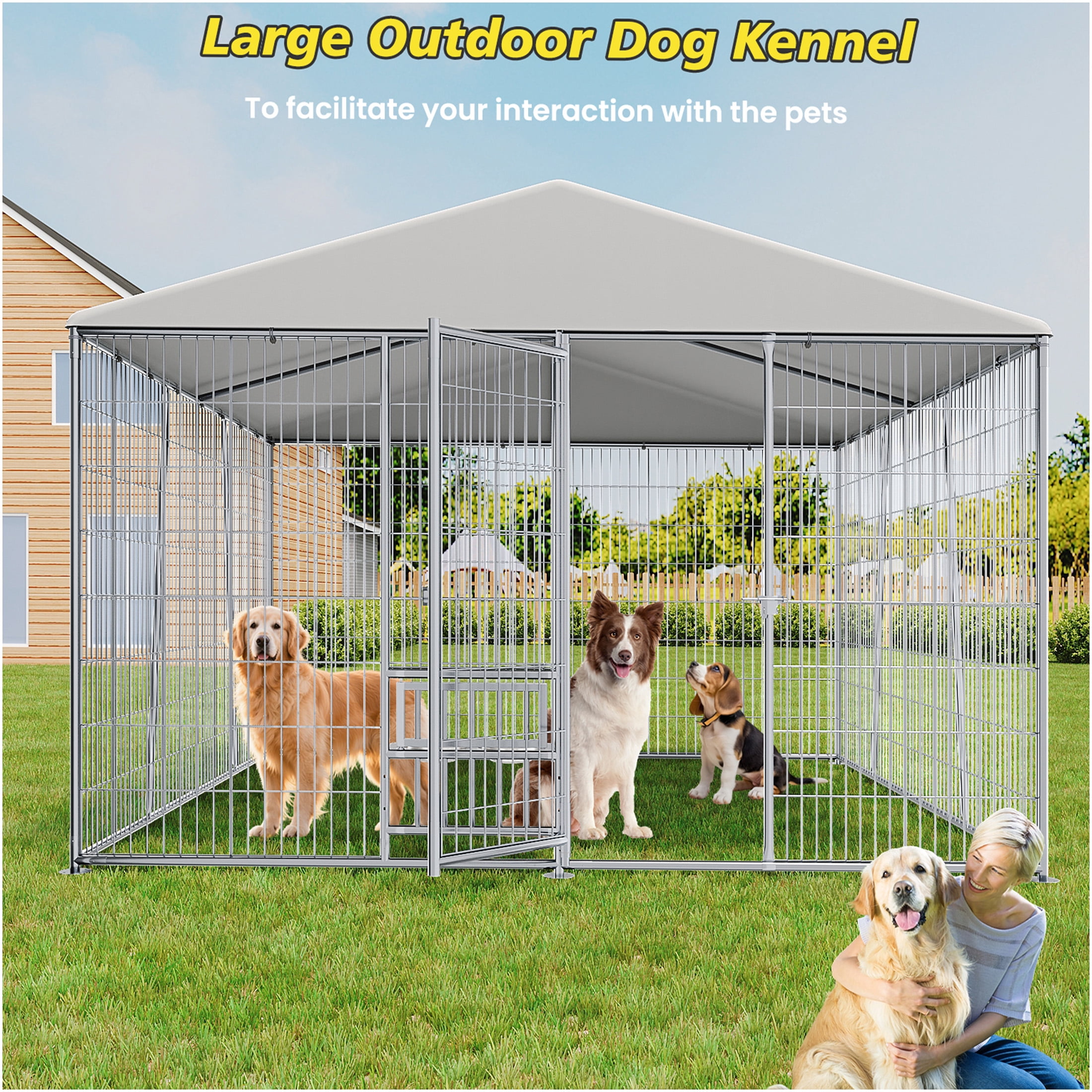 JERFIT 10x10ft Outdoor Metal Dog Kennel with Roof & Feeding Bowl, Heavy Duty Steel Wire Pet Cage Playpen for Large Dogs