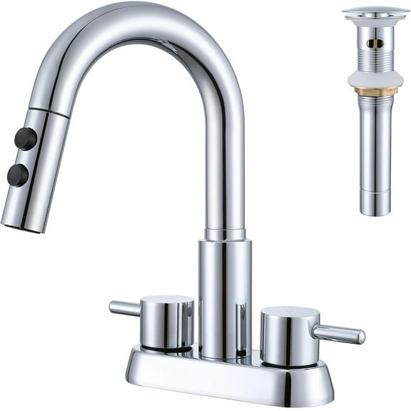 Bathroom Sink Faucet with Pull Down Sprayer 3 Holes, Chrome 4 inch 2 Handles Centerset Laundry Bar Basin Pull Out Faucet with Pop-Up Drain