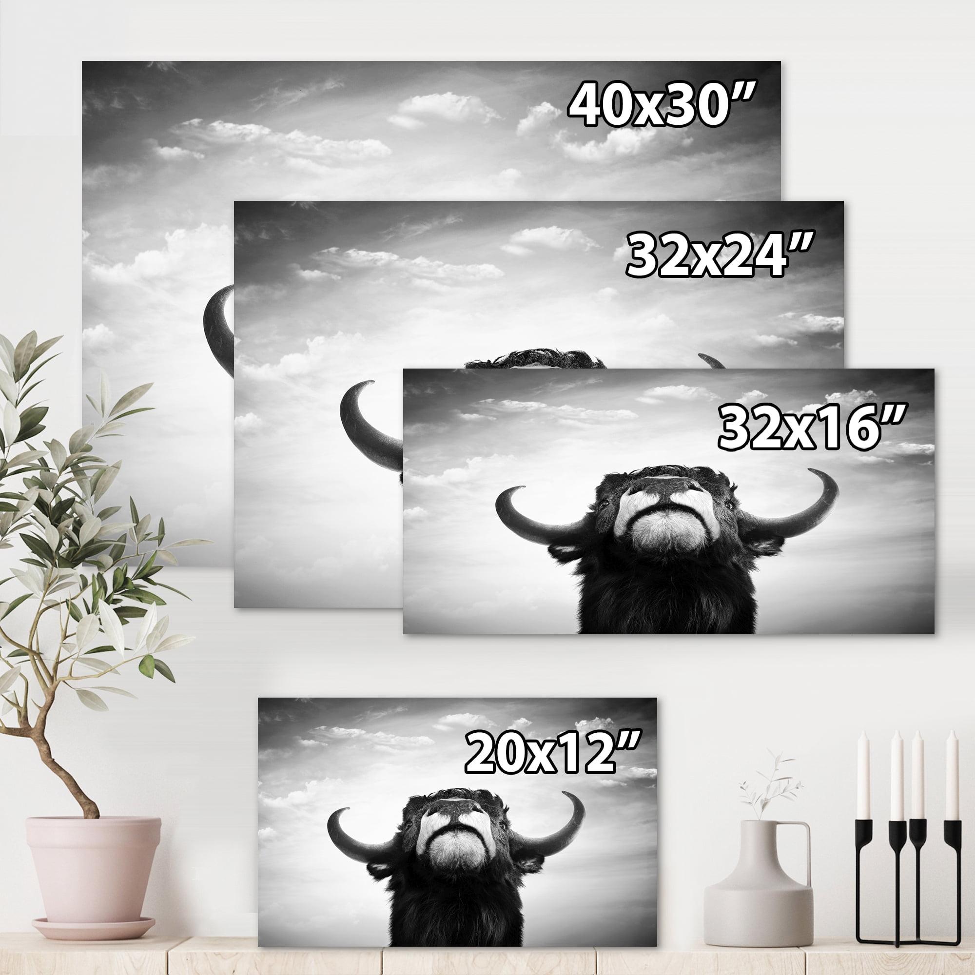 Designart ' Black and White Portrait Of A Spanish Bull I ' Farmhouse Canvas Wall Art Print