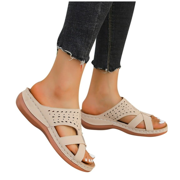 THDHVS Wedge Sandals for Women,Women's Sandals,Women's Fashion Casual Spring New Beach Round Toe Open Toe Thick Bottom Wedge Heels Beige 6