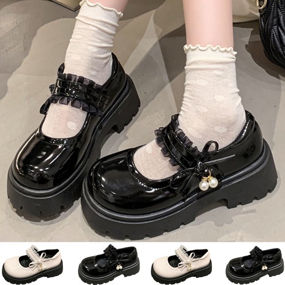 Kids Chunky Platform Mary Jane Dress Shoes Bow Pearl Pendant Lace Trim Strap Ballet Flats Comfort PU Leather Princess Shoes for Flower Girl Wedding Party Pumps Black 36