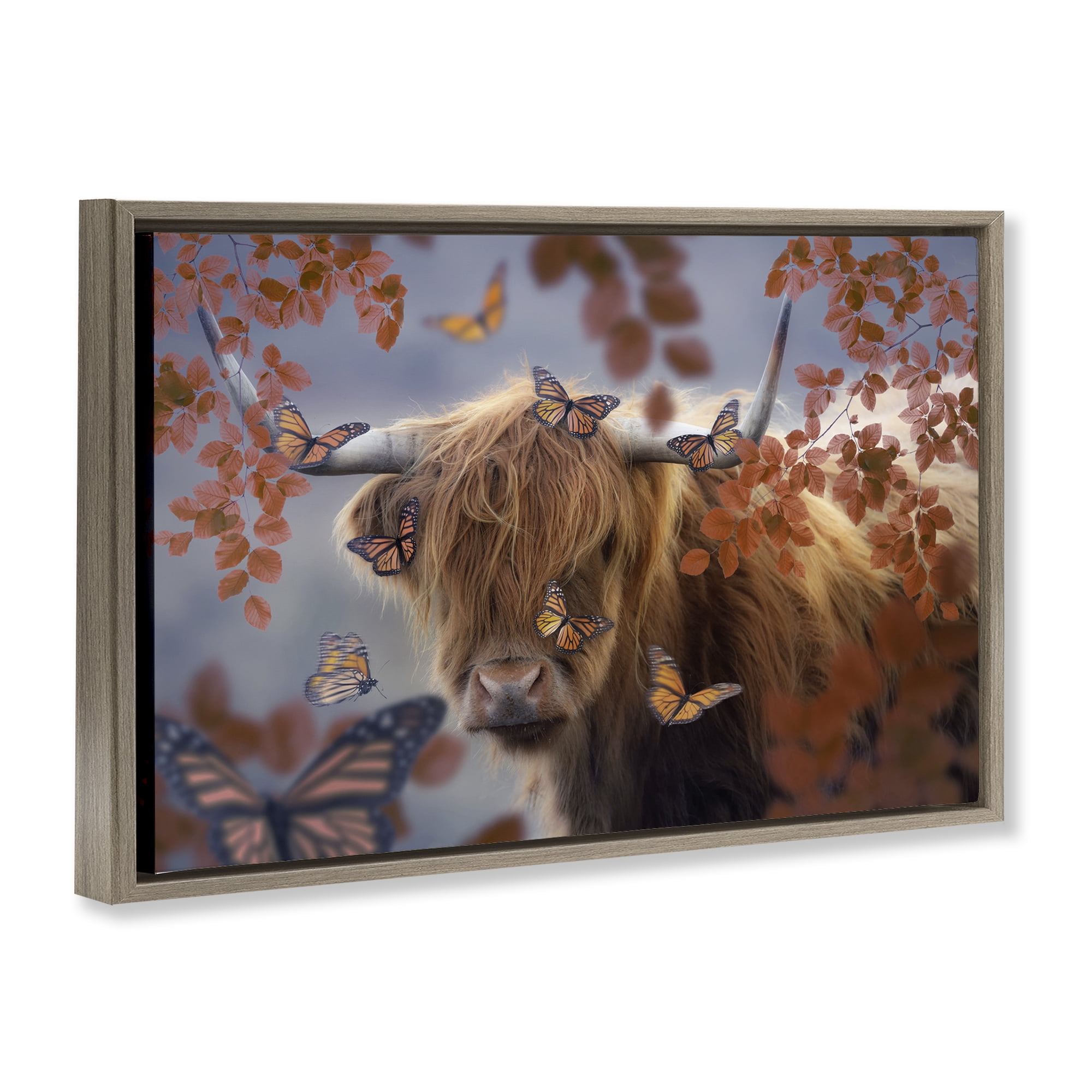 Stupell Industries Monarch Butterflies & Cattle Animals Painting Brown Floater Framed Canvas Art Print Wall Art, 25 x 17
