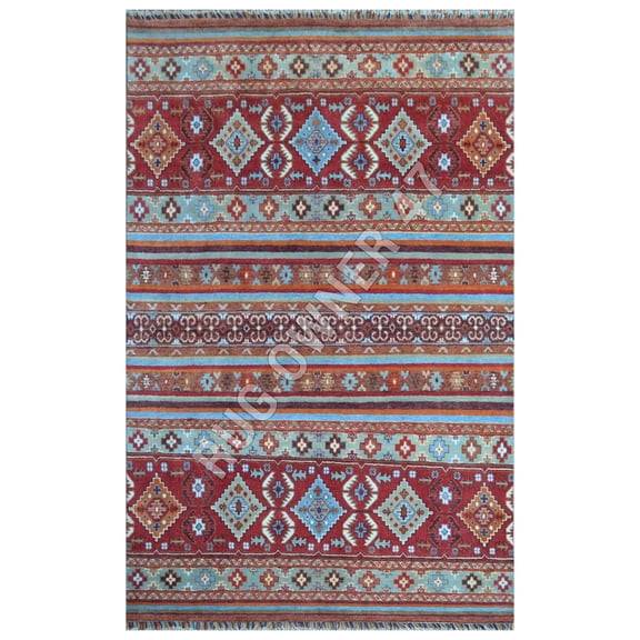 Geometric Hand-Knotted Serapi Area Rug 8X10 Rust, M Blue, Peach, Lt Grey, Beige, Wool Handmade Area Rug