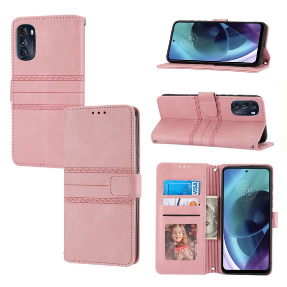 Dteck for Motorola Moto G 5G (2022) Case, Crossbody Shoulder Strap Flip Folio Cover Wallet Magnetic Closure Card Slots Cash Holder Stand Kickstand TPU Bumper Shockproof Protective Case,Pink