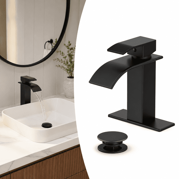 Waterfall Bathroom Faucet, Matte Black Bathroom Faucet, Bathroom Sink Faucet, Vanity Faucet, Single Handle Bathroom Faucet, Modern Stainless Steel Faucet for 1/3 Hole Basin with Drain & Supply Lines