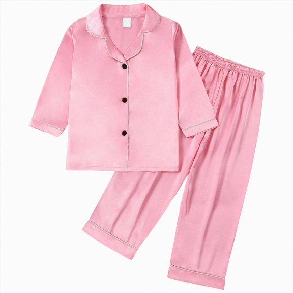 HFHAPW Girls Satin Long Sleeve Button-Down Pajamas Set Sleepwear Loungewear,4-5 Y