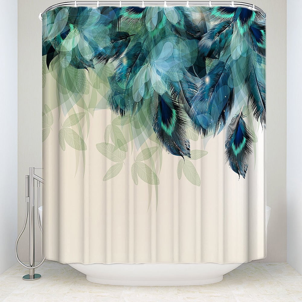 BSHAPPLUS® Elegant Peacock Feather Shower Curtain, 72"x72" Teal Blue Green Luxury Feather Drape Design, Waterproof Fabric with 12 Hooks, Boho Chic Elegant Bathroom Decor