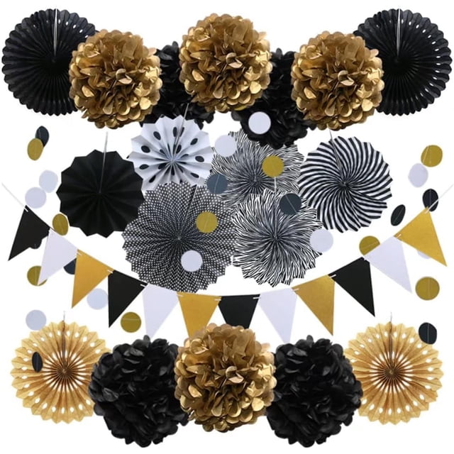 Yeacher Paper Fan Flowers, 20pcs/Set Paper Fans Set Hanging Pinwheels Fan DIY Paper Craft for Wedding. This set features black, gold, and white paper decorations, including 8 paper pompoms, 6 paper fans, 4 hollow fans, 2 circle paper garlands, and 1 triangular pennant banner. The fans range in size from 8 inches to 16 inches, and the garlands are 6.5 feet long. Perfect for weddings, birthday parties, baby showers, and other events, these high-quality paper decorations are shipped flat for easy assembly and reuse.