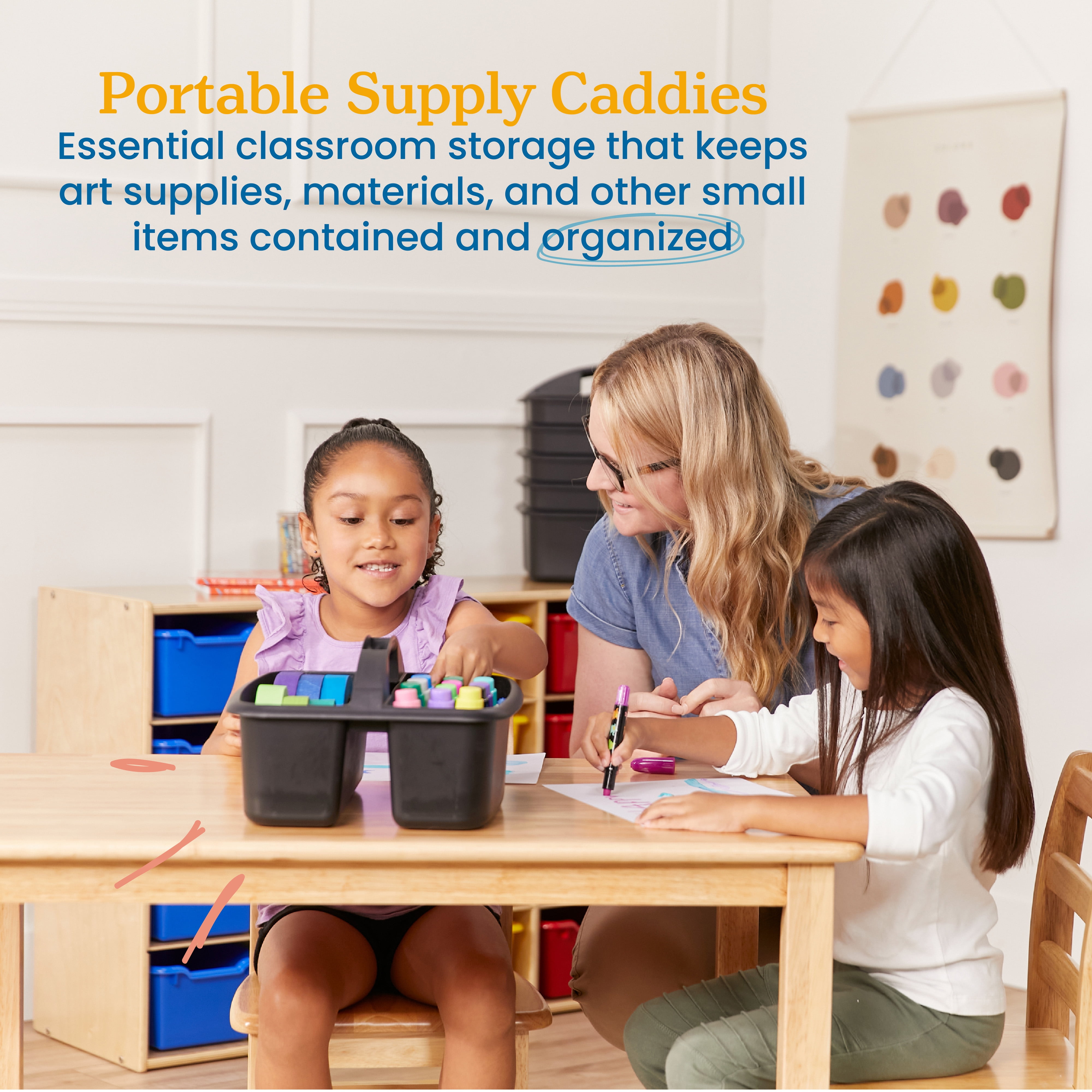 ECR4Kids 2-Compartment Large Plastic Caddy, Multipurpose Organization, Black, 6-Pack