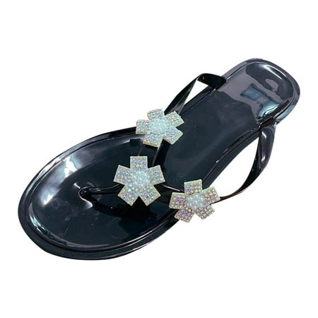 

ZTTD Women Slippers New Pattern Summer Rhinestone Pearl Decoration Flip Flop Flat Bottom Comfortable and Non Slip Large Size Shoes Black