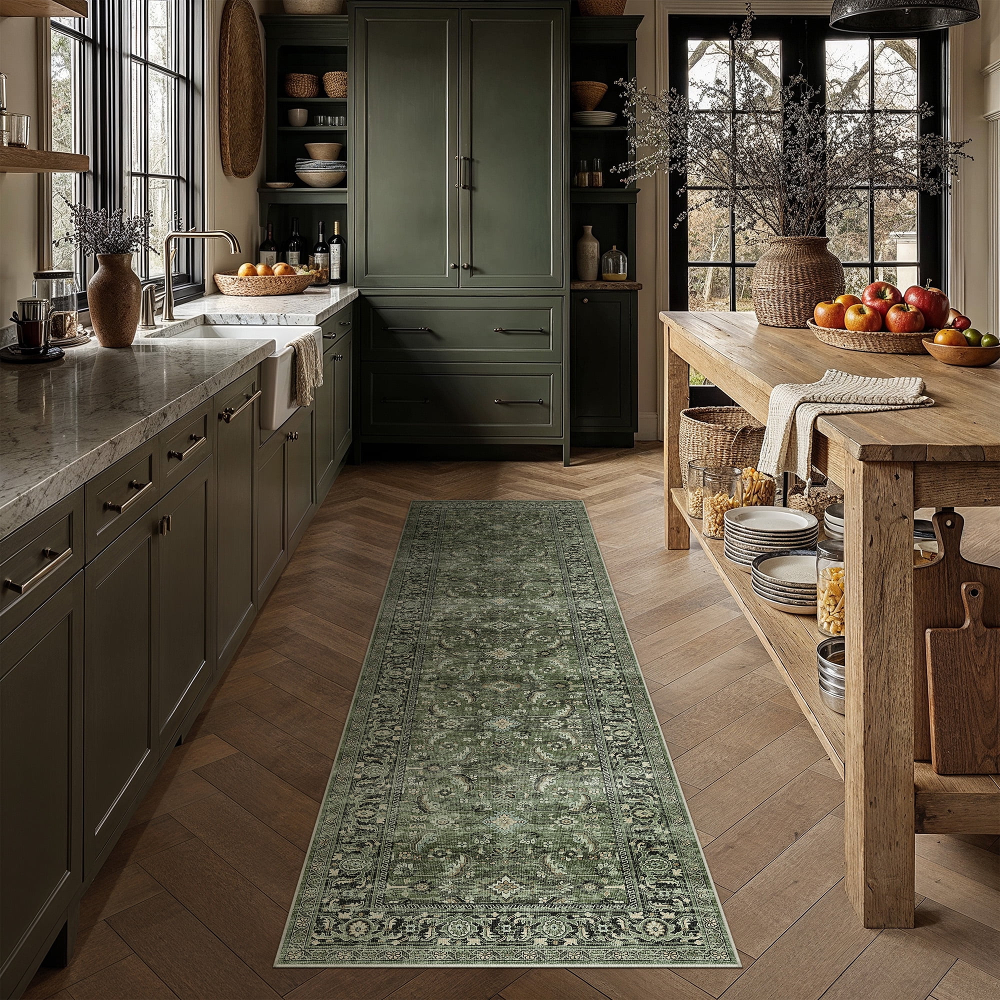 BERTHMEER 2'x8' Green Runner Rugs for Hallway Entryway Bathroom Bedroom Kitchen Non Skid Washable Vintage Oriental Traditional Runner Rugs