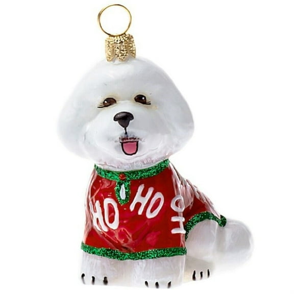 Joy To The World Bichon Frise in Ho Ho Christmas Pajamas Polish Glass Ornament