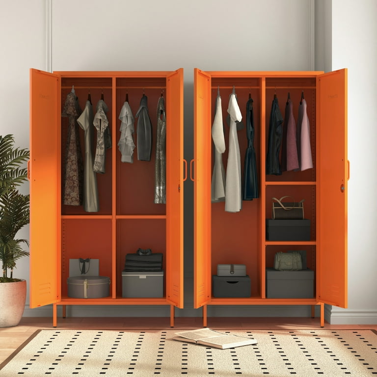 2 Door Wardrobe 67 Inch Orange Metal Storage Cabinet with Hanging