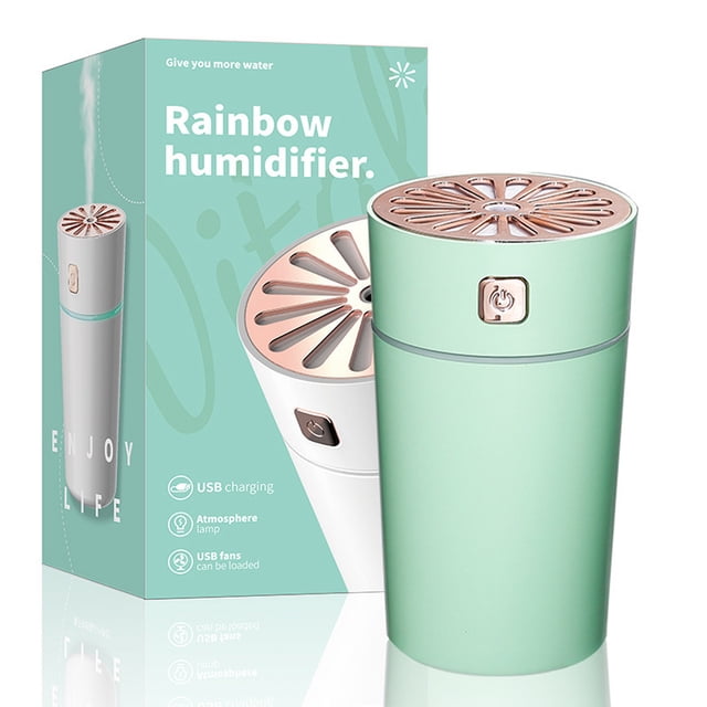 Rainbow USB Air Humidifier, 280ML Cool Mist Diffuser for Car, Bedroom, Baby Room, Quiet Operation, Auto Shutdown Modes, Atmosphere Lamp - Green