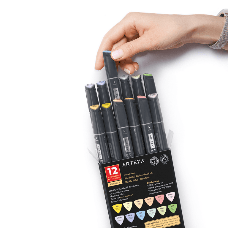 Arteza Professional EverBlend Dual Tip Ultra Artist Brush Sketch Markers,  Pastel Tones Replaceable Tips - 12 Pack 