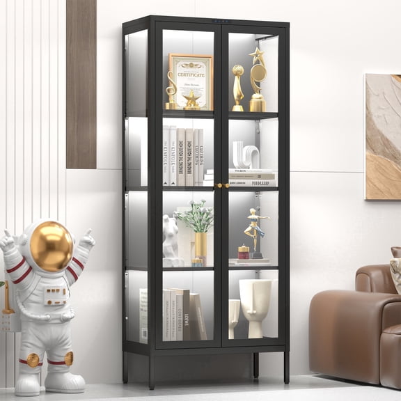UNICOLY 66"Glass Cabinet with Doors,4-Tier Dispay Curio Cabinet with 8 Color Lights,Storage Glass Case with Adjustable Shelves,Black