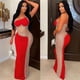 thumbnail image 5 of Vestido largo sexy con cristales y diamantes de imitación para mujer, elegante, de un solo hombro, de malla transparente, con retazos, para fiesta de noche y cumpleaños, 5 of 5