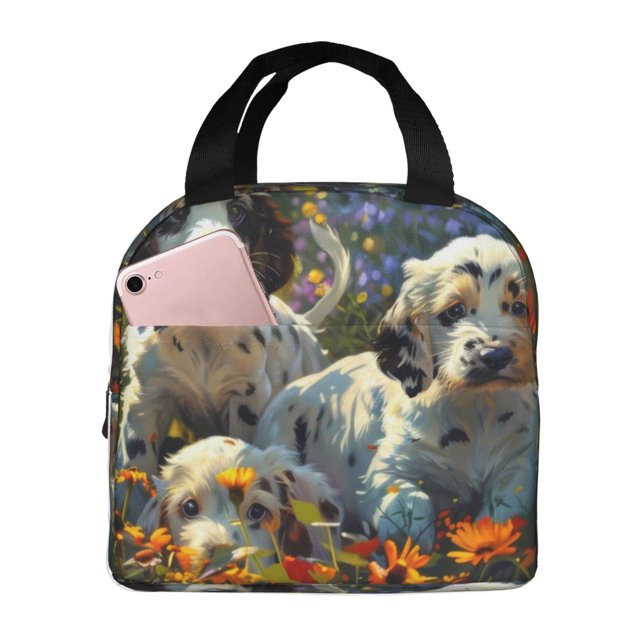 Balery Sunflower Field Spotted Dog Bolsa de Almuerzo Aislada – Caja de Almuerzo con Papel de Aluminio Grueso, Mantiene la Comida Fresca por 4 Horas