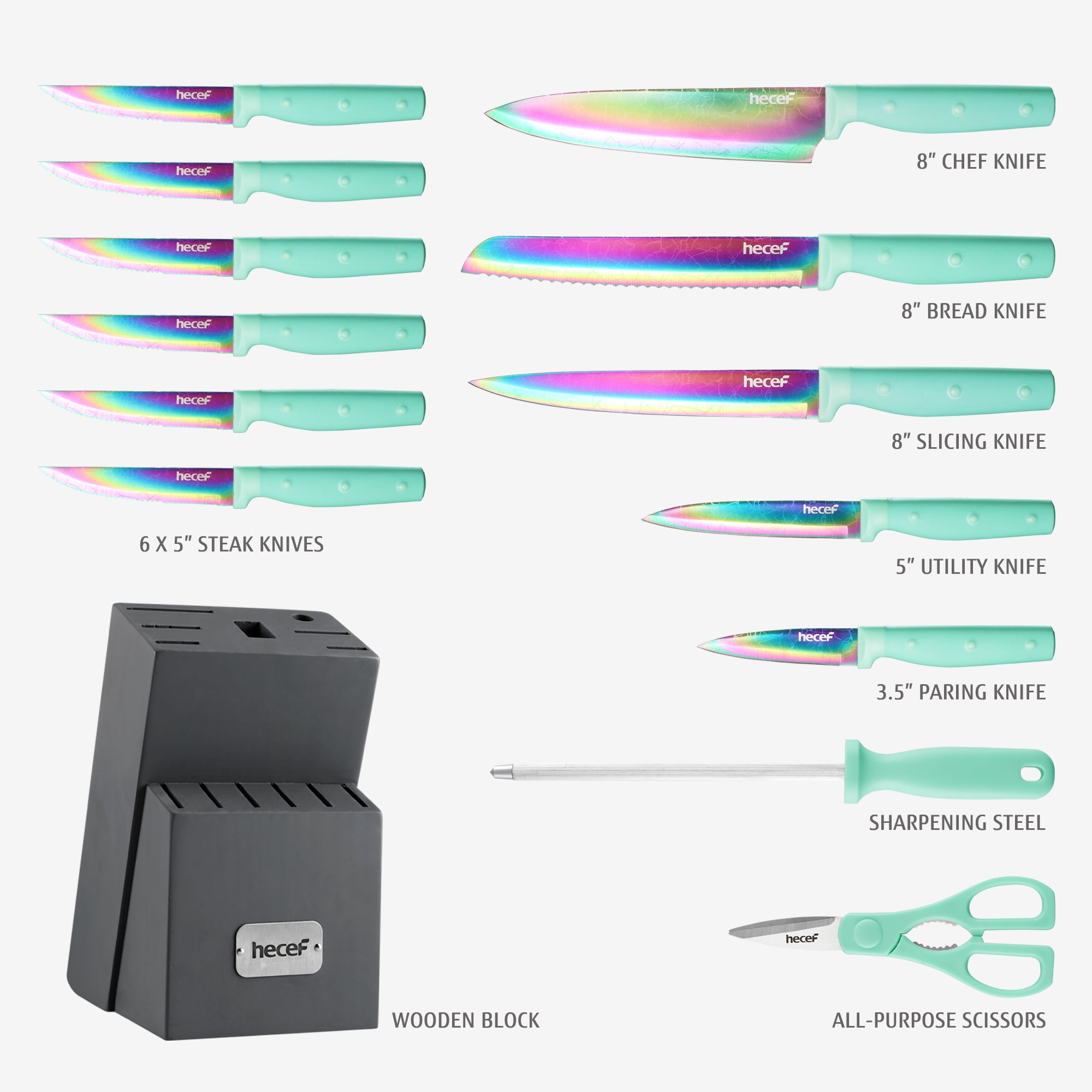Hecef Dishwasher Safe Knife Block Set, Rainbow Titanium Coated Kitchen Knives Set with Scissors, Steak Knives