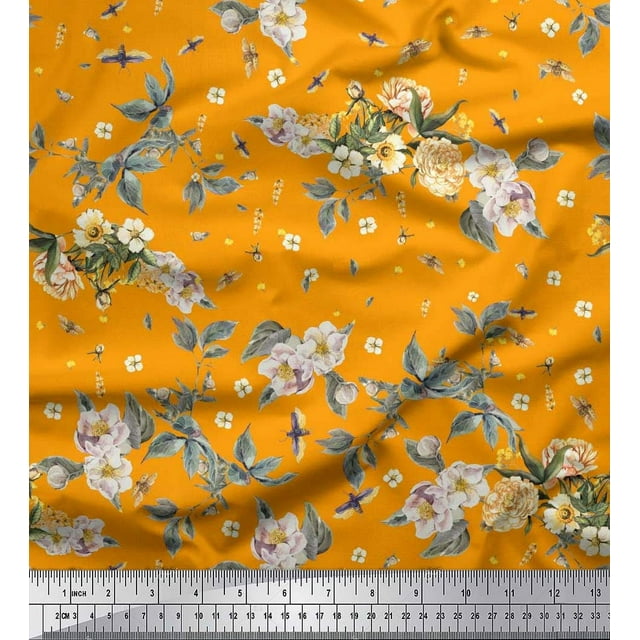 Soimoi Poly Georgette Fabric Leaves,Moth & Magnolia Floral Print Sewing Fabric Yard 52 Inch Wide
