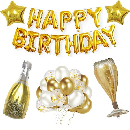 

Gold Birthday Party Decoration Happy Birthday Banner Heart Foil Confetti Balloons Champagne Bottl