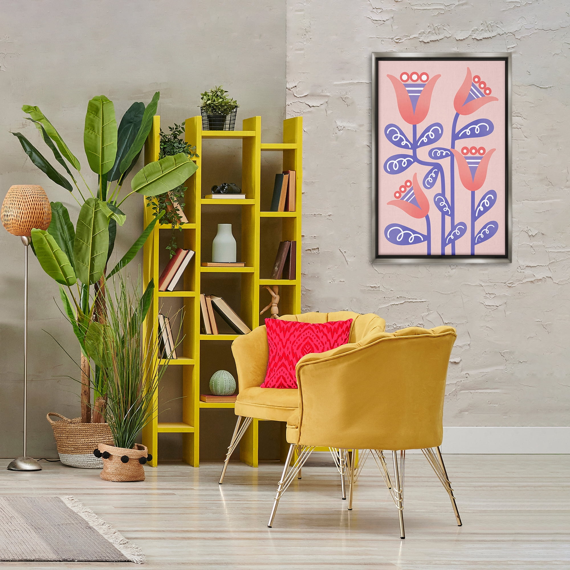 Stupell Industries Tulip Flowers Pink Deco Floral & Botanical Painting Gray Floater Framed Canvas Art Print Wall Art, 21 x 31