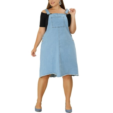 MODA NOVA Juniors' Plus Frayed Adjustable Strap Irregular Hem Denim Overall Dress 1X Dusty Blue