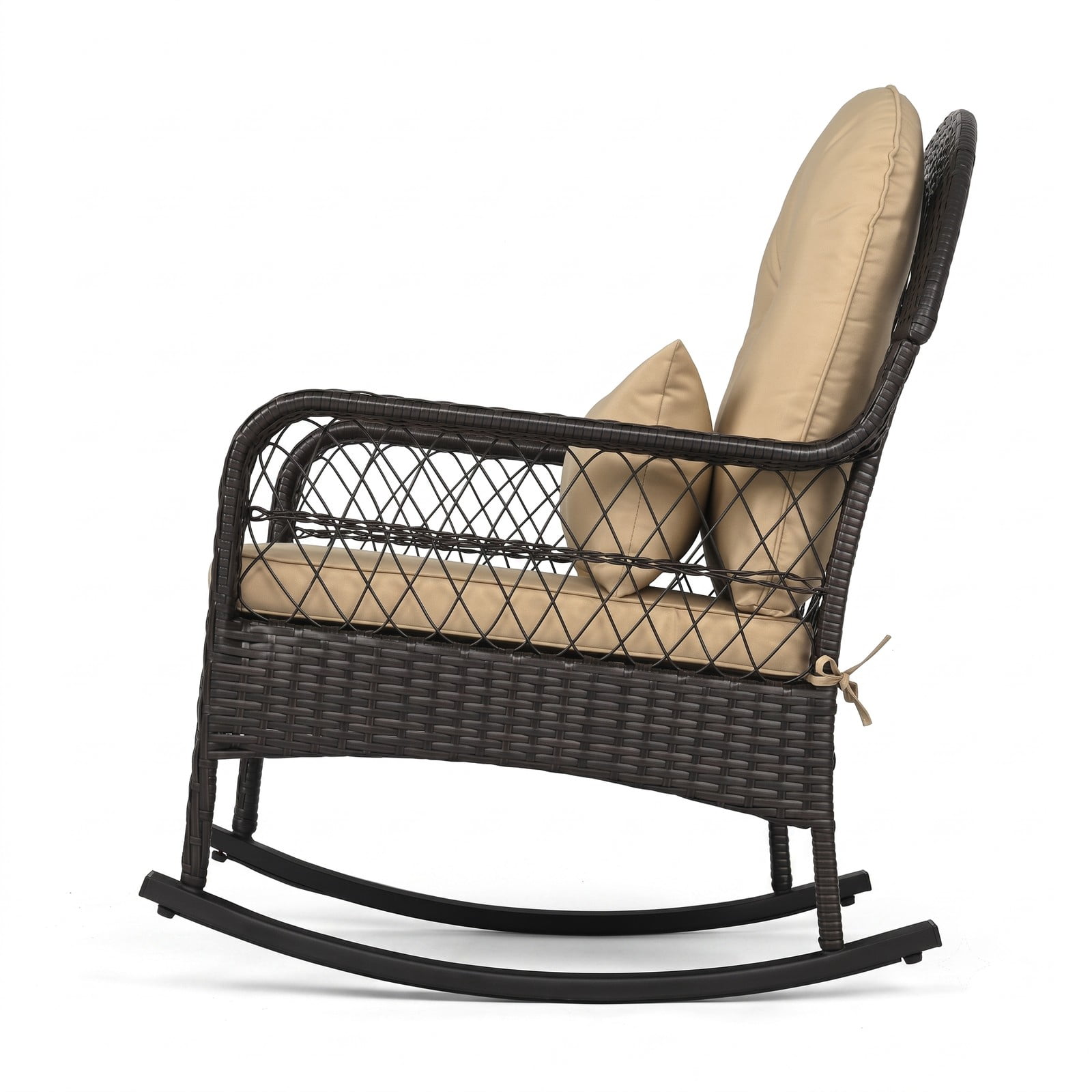 Furnibear Outdoor Wicker Rocking Chair, PE Rattan Patio Glider Rocker with Anti-Tip Stoppers, Back Cushion & Lumbar Pillow, 400 LBS Capacity for Porch Deck, Brown