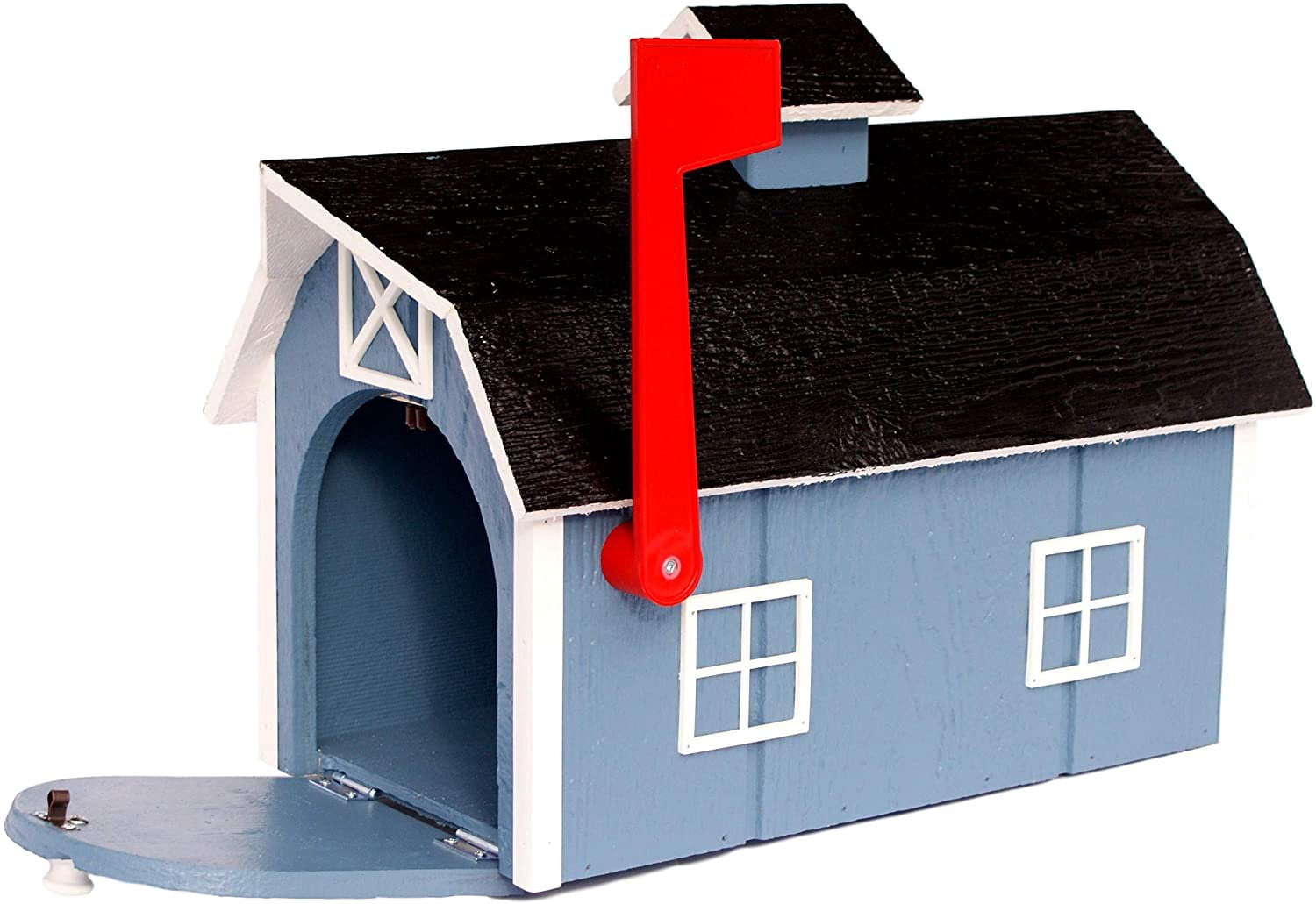 Amish-Made Deluxe Wooden Mailbox, Dutch Barn Style Country Blue with White Trim