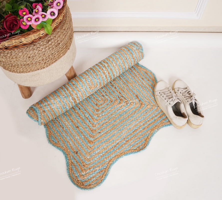 Rectangle Rug Natural Jute Rug Hand Braided Beige and Turquoise Border Color Area Rug