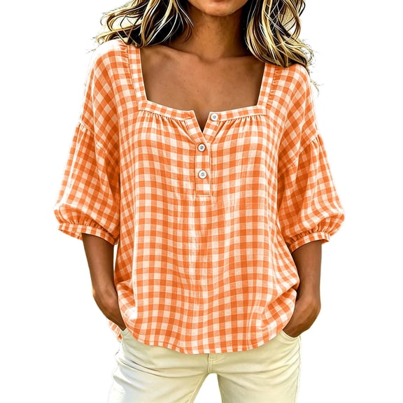 Guluxicc Women's Plaid Blouses Plus Size Loose Scoop Neck Short Bubble Sleeve Tops for Everyday Wear Spring Summer Casual Blouses
